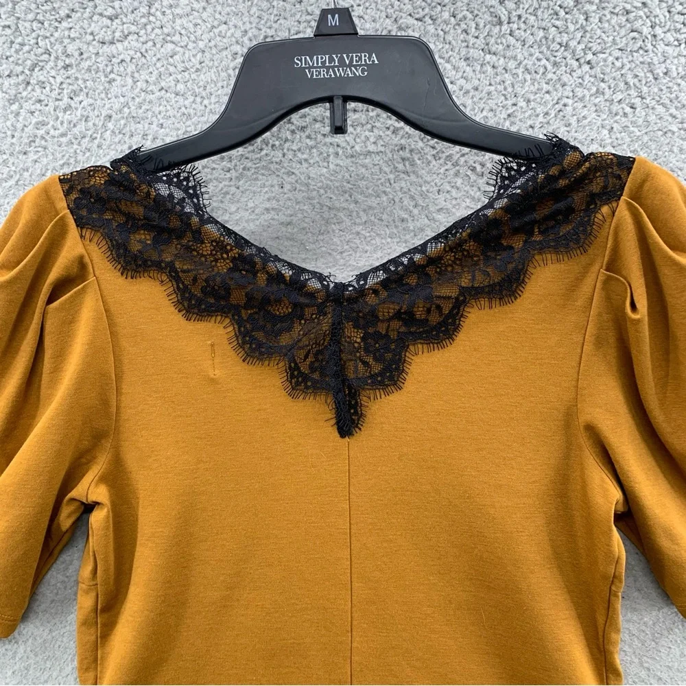 By Anthropologie Women Size S Mustard Lace Trim Top Blouse V-Neck Short Sleeve - Picture 11 of 11